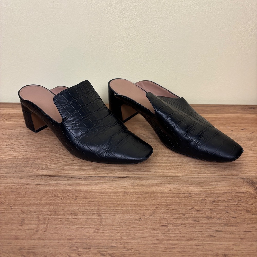 LINEA PAOLO Womens Giselle Croco‎ Embossed Leather Mules Size 8 Black Crocodile - Picture 2 of 12